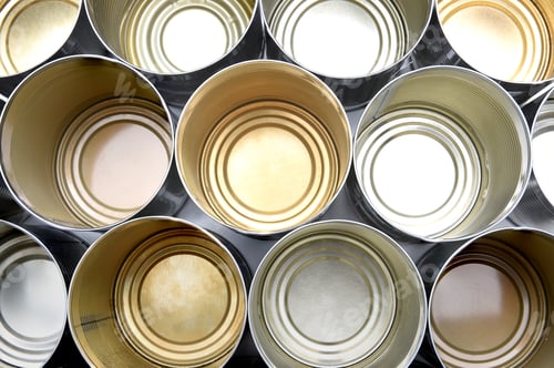 Preview: Top View Of Empty Food Tins. The Cans Are In Rows Filling The Frame.