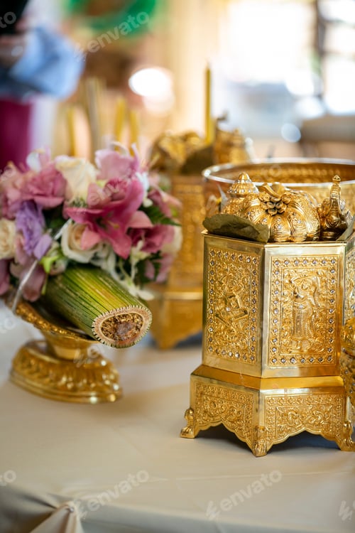 Preview: Flowers And Gold Ornament Containers For A Cambodian Wedding Ceremony