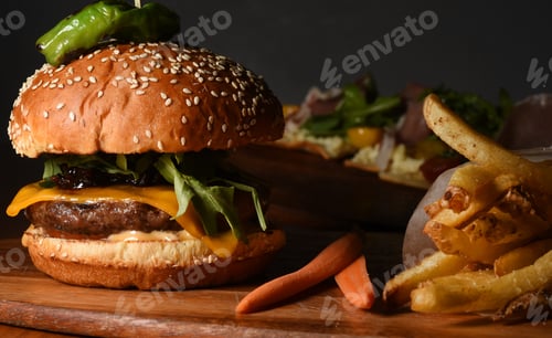 Preview: Colorado Burger With Fries Served With Ricotta With Arugula And Prosciutto Flatbread