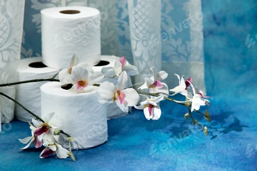 Preview: Rolls Of Toilet Paper With White Flowers On A Dramatic Soft Blue Background