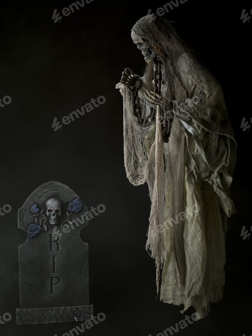 Preview: Ghostly Figure Floating In Grave Yard On Black Background Halloween Themed Image