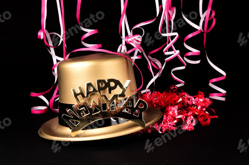Preview: Gold New Years Eve Bowler Hat With Pink Streamers On A Black Background