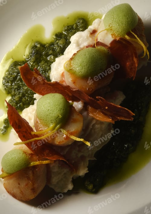 Preview: Seared Scallops Displayed Vertical Slant