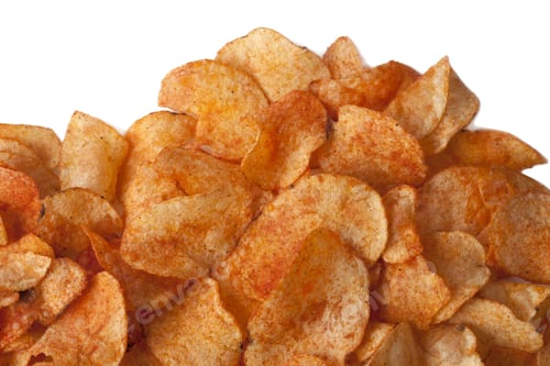 Preview: Close Up Image Of Heap Of Cheese Flavored Potato Chips Against White Background
