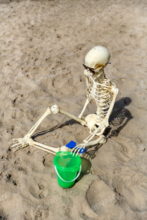 Preview: Skeleton Sits On The Beach Playing In The Sand With A Bucket And Shovel