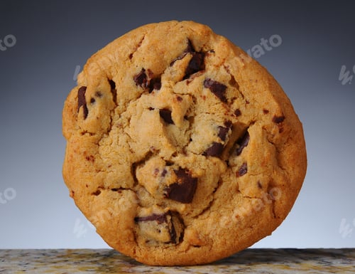 Preview: Closeup Of A Chocolate Chip Cookie Standing On Its Side On Granite Counter Top. Light To Dark Gray