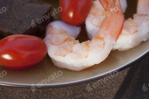 Preview: Plated Tomatoes, Shrimp, Bread, Quince Paste, Cheese Served As An Horderve For A Party