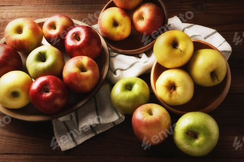 Preview: High Angle Still Life Of A Group Of Fresh Picked Varieties Of Apples, Fuji, Golden Delicious