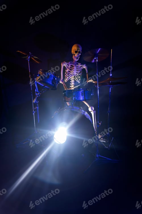 Preview: Skeleton Playing Drums With A Bright Flare Coming Out Of The Bass Drum