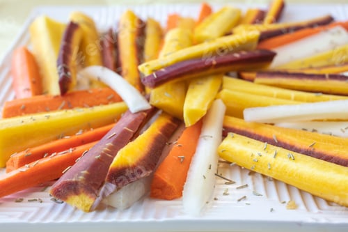 Preview: Colorful Yellow, Orange, Red And White Sliced Raw Carrots Plated And Sprinkled With Dry Rosemary Heb