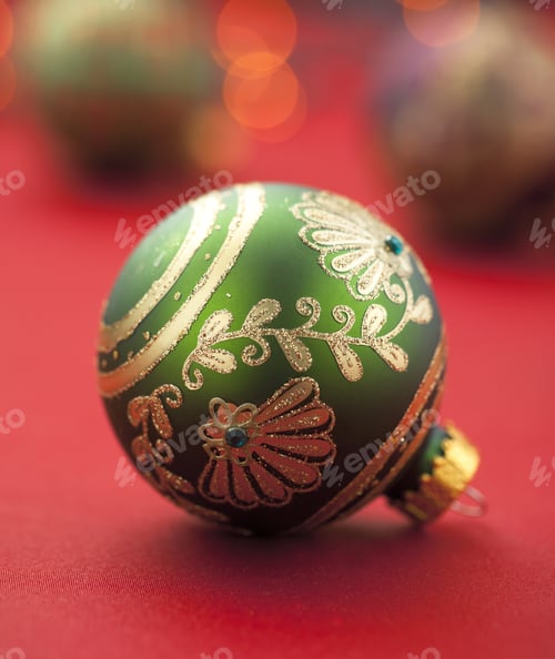 Preview: Red Christmas Ornament Ball Background With Selective Focus