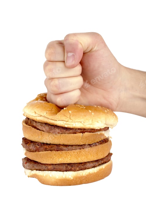 Preview: Human Fist Pressing A Tall Hamburger