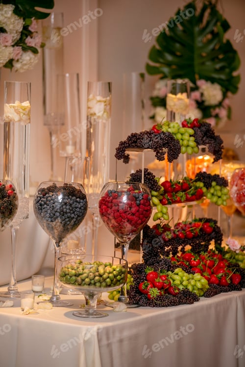 Preview: Wedding Dessert Buffet Table Filled With Fruit, Berries, Strawberries, Blueberries, And Other Fruit.