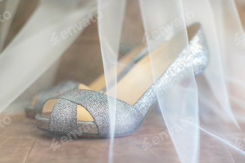 Preview: Toule Wedding Veil Covering A Pair Of High-Heeled Bride Shoes