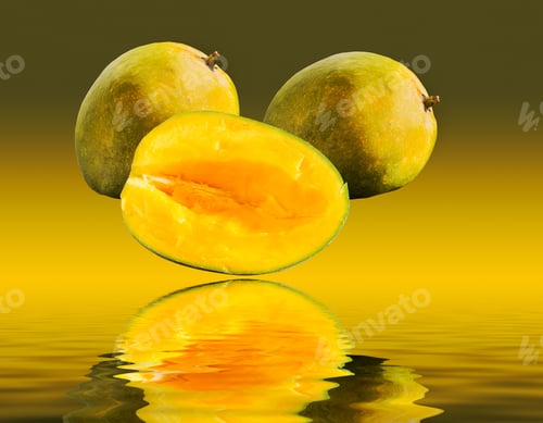 Preview: Two Whole Mangoes And One Cut Mango Reflecting On Wavy Water Surface With Green And Yellow Gradient