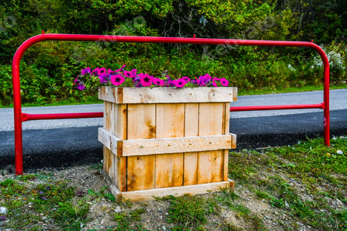 Preview: An Artsy View Of Morning Glories In A Wooden Crate With A Red Metal Fence Frame By The Edge Of The