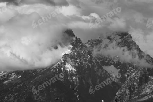 Preview: Mountains With A Cloud Cape In Black And White