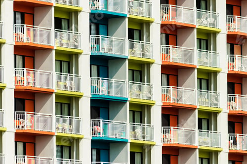 Preview: Bright Colorful Balconies On A Seaside Hotel On A Sunny Day