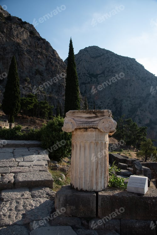 Preview: Remains Of Ionic Column At Ancient Delphi Site, Greece, Peloponnese . Landscape Orientation