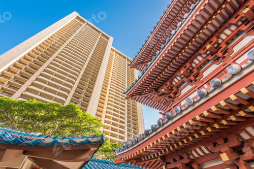 Preview: Building Tops In Honolulu, Hawaii, Usa. Tropical City Vacation Background.