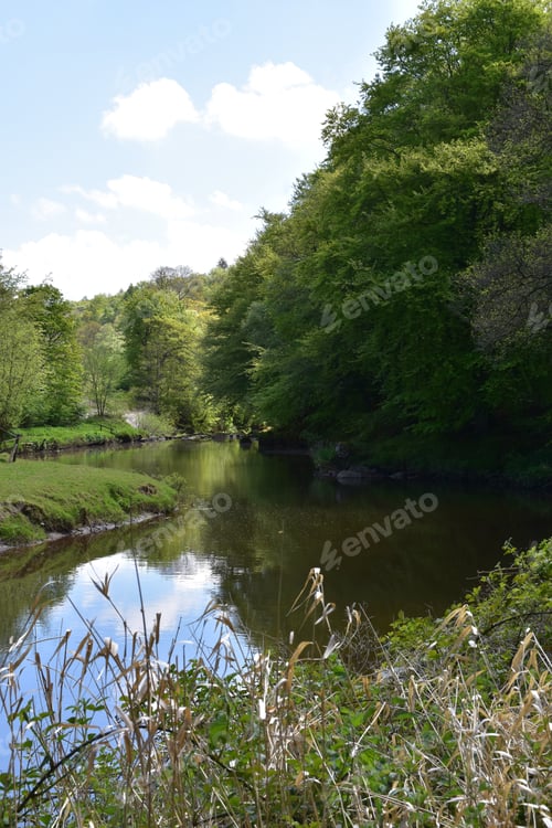 Preview: Spring Day With A Scenic River Flowering Through The Countryside.