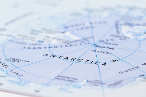 Preview: Close Up Of A World Map With The Word Antartica In Focus
