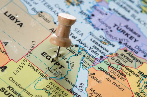 Preview: Close Up Of The Word Egypt On A World Map Marked With A Push Pin