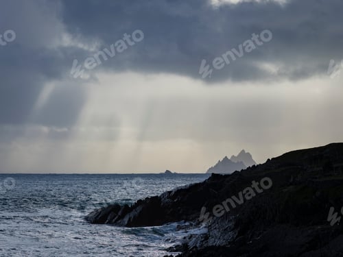 Preview: Skellig Michael Off The Coast Of The Ring Of Kerry In Winter Showing Deep Blue Waters And Crashing