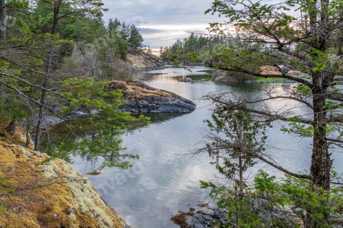 Preview: View Over Inlet, Ocean And Island With Rocks And Mountains In Beautiful British Columbia. Canada.