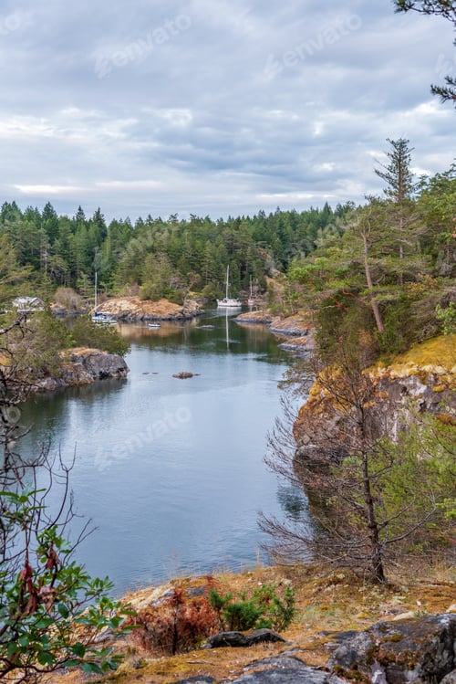 Preview: View Over Inlet, Ocean And Island With Rocks In Beautiful British Columbia. Canada.
