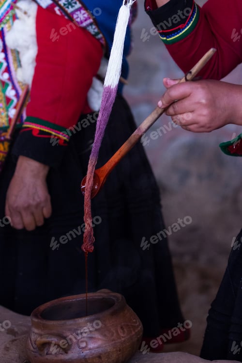 Preview: Close Up Of Yarn Being Dyed In Different Colors Using Traditional Techniques In The Mountains Of