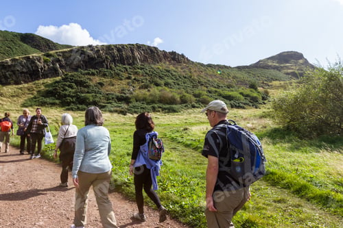 Preview: Edinburgh Scotland - September 13 2019: People Walking Towards Arthur'S Seat The Summit Of The