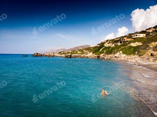 Preview: Mother With Little Son Enjoying In The Ocean By Mountain, Crete, Greece