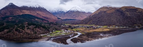 Preview: Aerial View Above Glencoe Village Leading To The Mountains Of Glencoe In Winter With Cloudy Skies