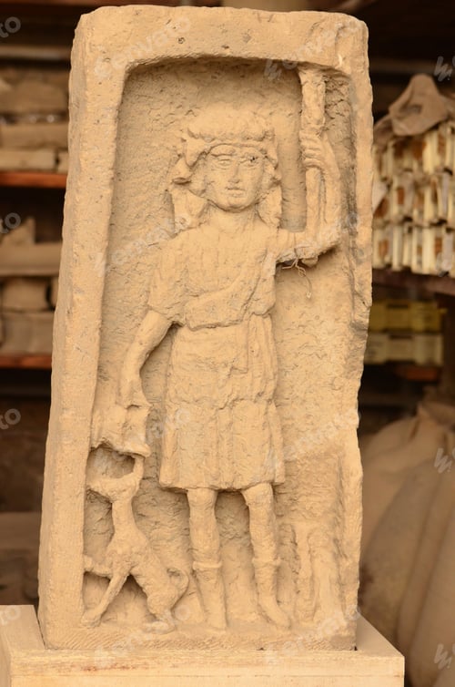 Preview: Stone Sculpture Of A Man With A Dog Holding A Stick