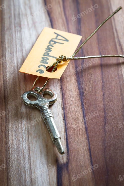 Preview: Concept For A Happy Abundant Life Using An Old Decorative Key And A Hand Written Tag Attached By A