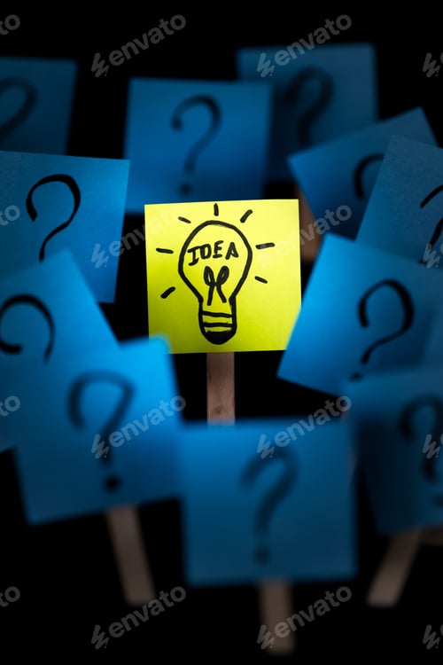 Preview: Conceptual Image For A Good Idea Hand Drawn On A Sticky Note With Questions All Around It