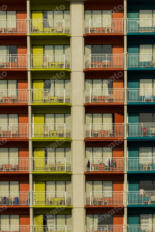 Preview: Bright Colorful Balconies On A Seaside Hotel On A Sunny Day