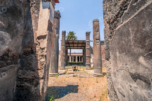 Preview: Landscape Photo Of An Alley With Pillars And Walls That Survived The Volcano Eruption On A Sunny