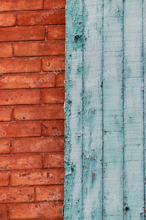 Preview: Old Painted Wooden Door In Front Of Red Brick Wall