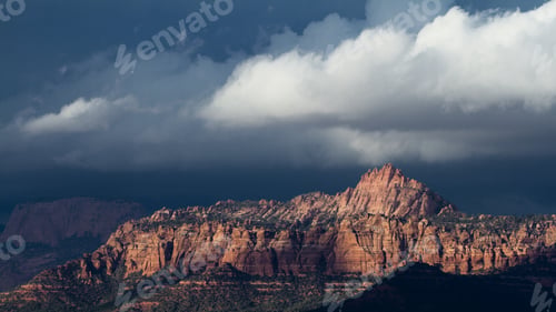 Preview: View Of The Beautiful Red Sandstone Mountains With Jagged Edges Of Zion National Park In Utah With