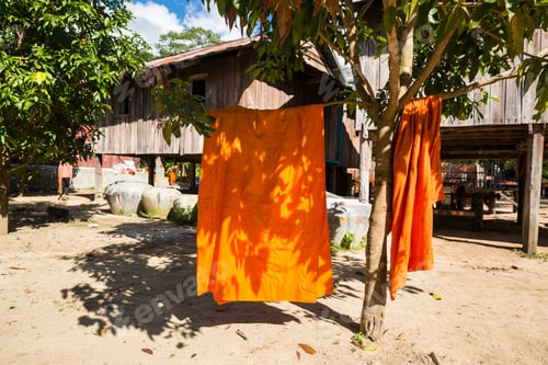 Preview: Image Of Temple In Cambodia. Buddhist Clothes Hanging For Drying.
