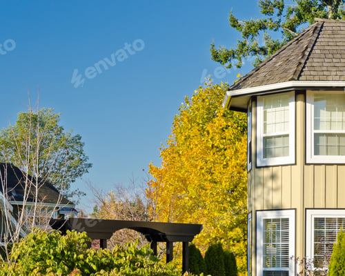Preview: Fragment Of A Nice House Over Fantastic Yellow Tree In Vancouver, Canada.