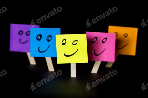 Preview: Sticky Notes With Happy Faces Isolated On A Black Background For A Happy Team Concept
