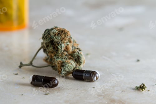 Preview: Close Up Of A Small Capsule Filled With A Dark Oil Produced From The Hemp Plant As A Medicinal