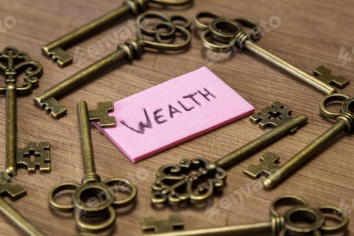 Preview: Concept Image Using Old Keys And A Tag With The Word Wealth Handwritten On It Over A Wooden