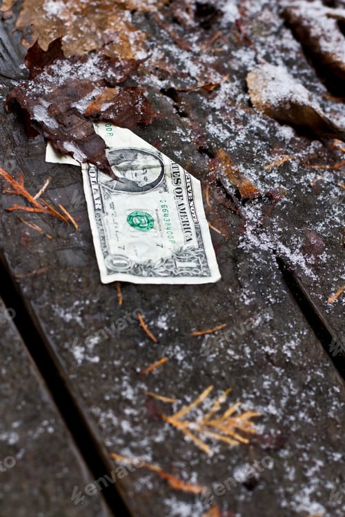 Preview: Old Damaged Dollar Bill Left Behind In A Cold Winter Background