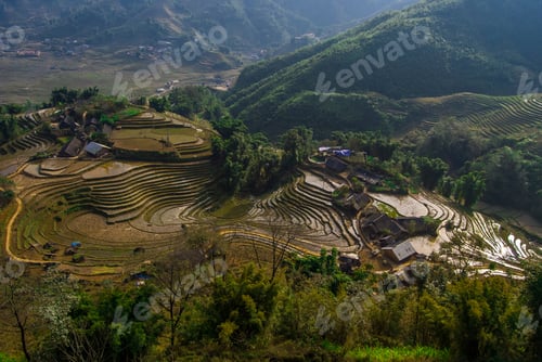 Preview: Rice Fields Terraces With Beautiful Mountains In The Background. Village At The Bottom Of The