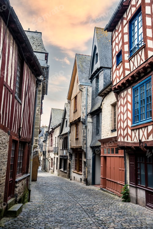 Preview: Narrow Street With Medieval Half Timbered Houses From Brittany, France