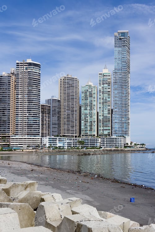 Preview: Panama City, Panama- June 08: View Of A Beach With Garbage And Plastic With Beautiful Buildings In